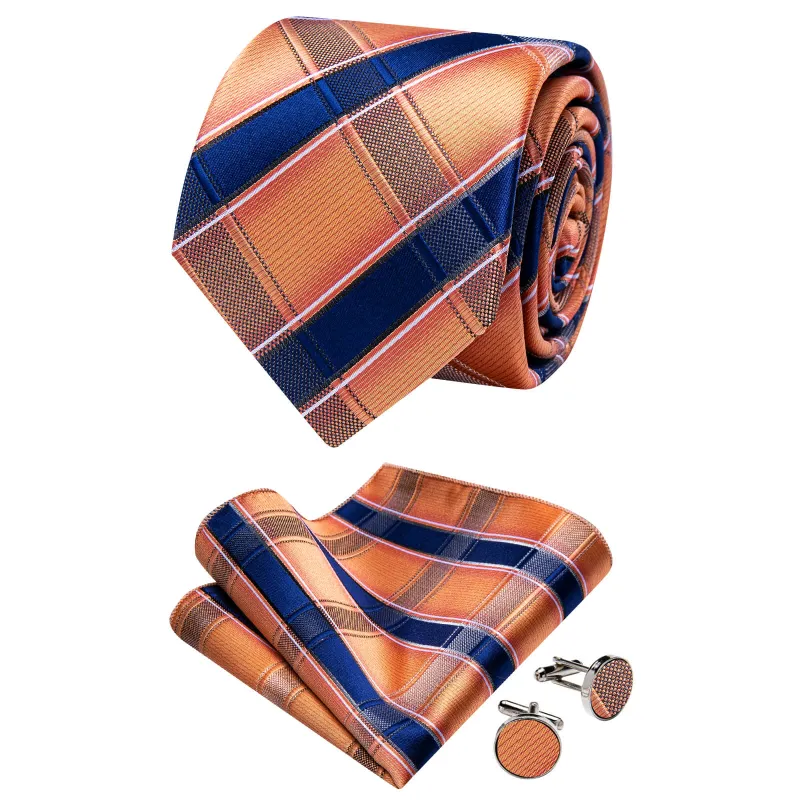 Ties2you Orange Navy Striped Necktie Pocket Square Cufflinks Set sold by Ties2You