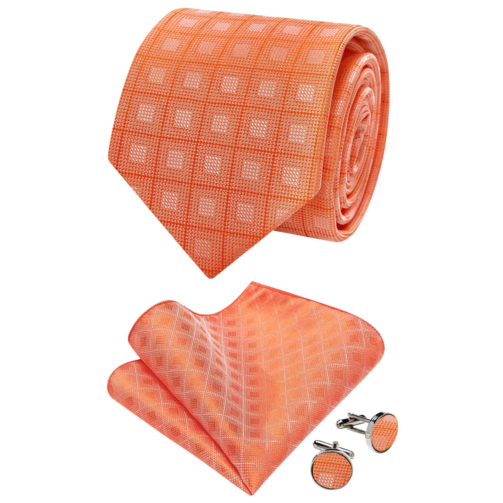 Ties2you Light Orange Plaid Necktie Pocket Square Cufflinks Set sold by Ties2You