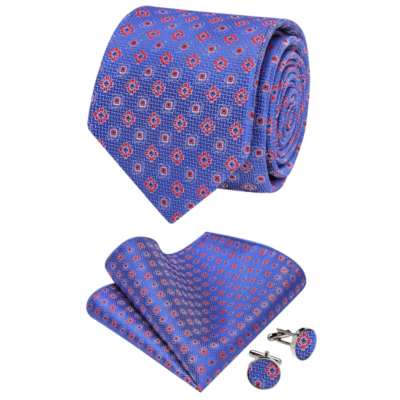 Ties2you Blue Tie Red Floral Necktie Pocket Square Cufflinks Set sold by Ties2You