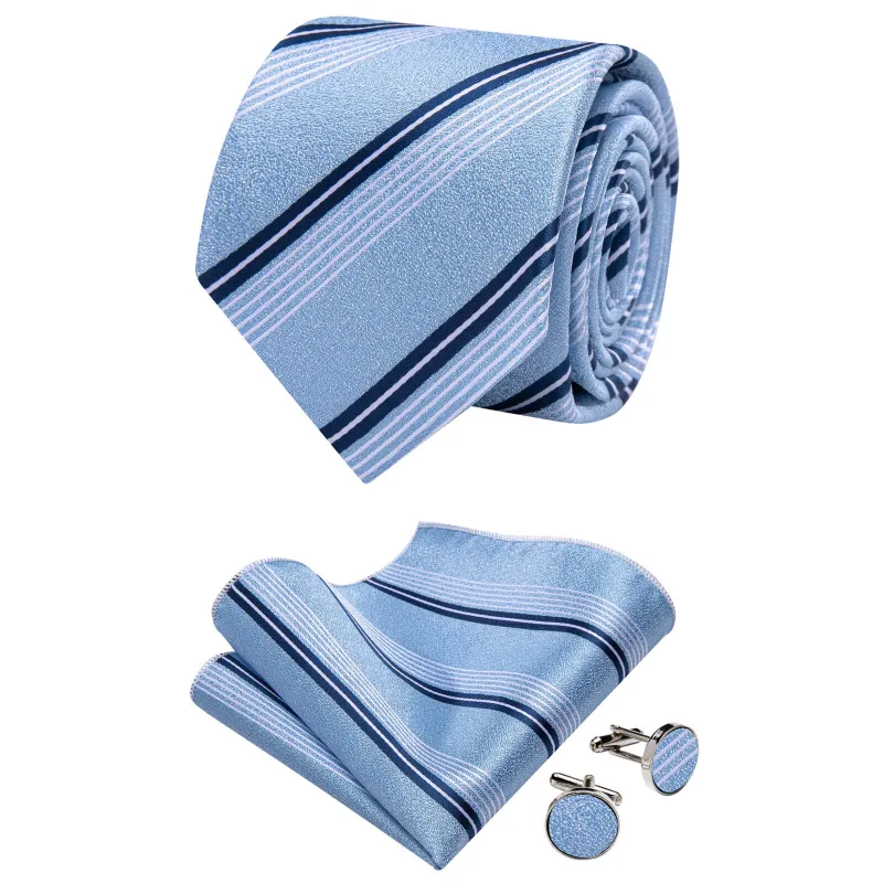 Ties2you Light Blue Striped Necktie Pocket Square Cufflinks Set sold by Ties2You