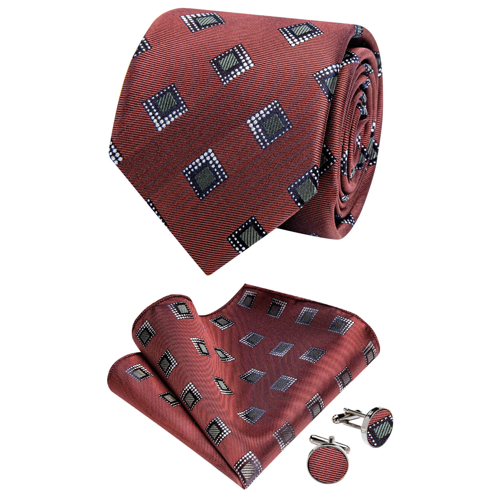 Ties2you Dark Red Grey Necktie Pocket Square Cufflinks Set sold by Ties2You