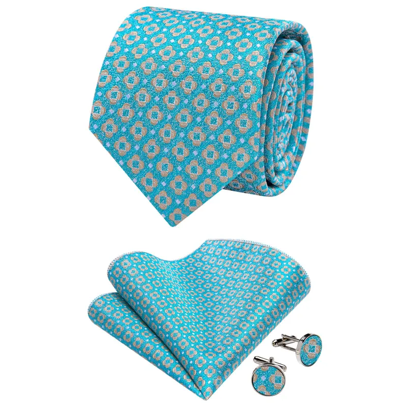 Ties2you Pale Blue Tie Tan Floral Pattern Silk Mens Necktie Set sold by Ties2You
