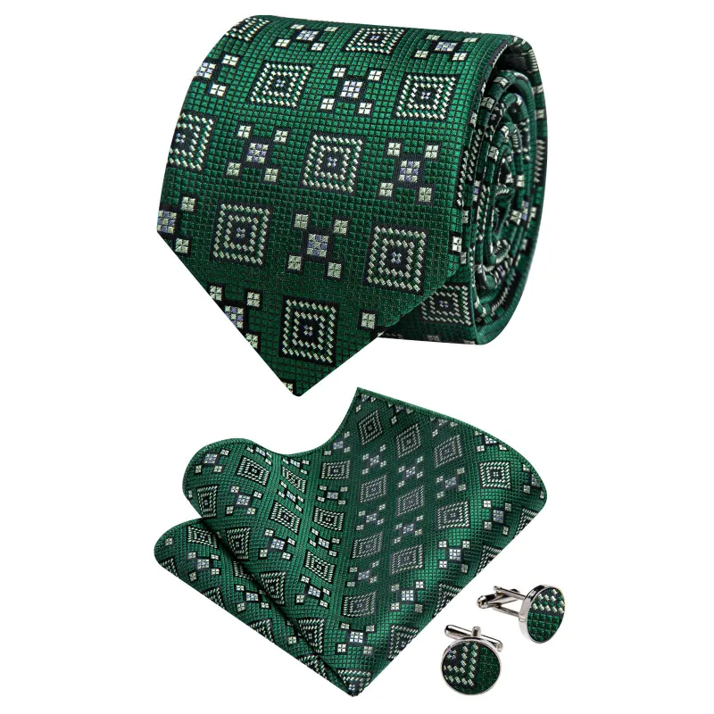 Ties2you Dartmouth Green Geometric Necktie Pocket Square Cufflinks Set sold by Ties2You