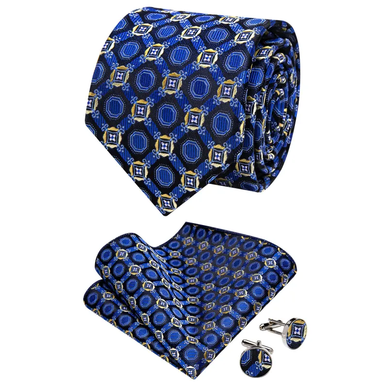 Ties2you Royal Blue Geometric Necktie Pocket Square Cufflinks Set sold by Ties2You