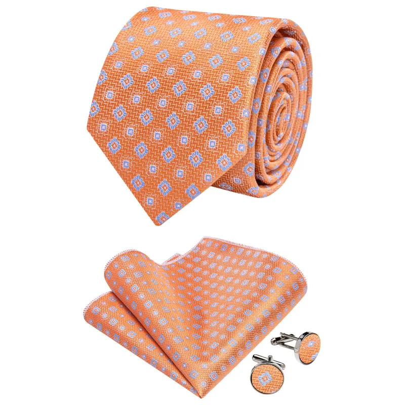 Ties2you Coral Tie Blue Floral Necktie Pocket Square Cufflinks Set sold by Ties2You