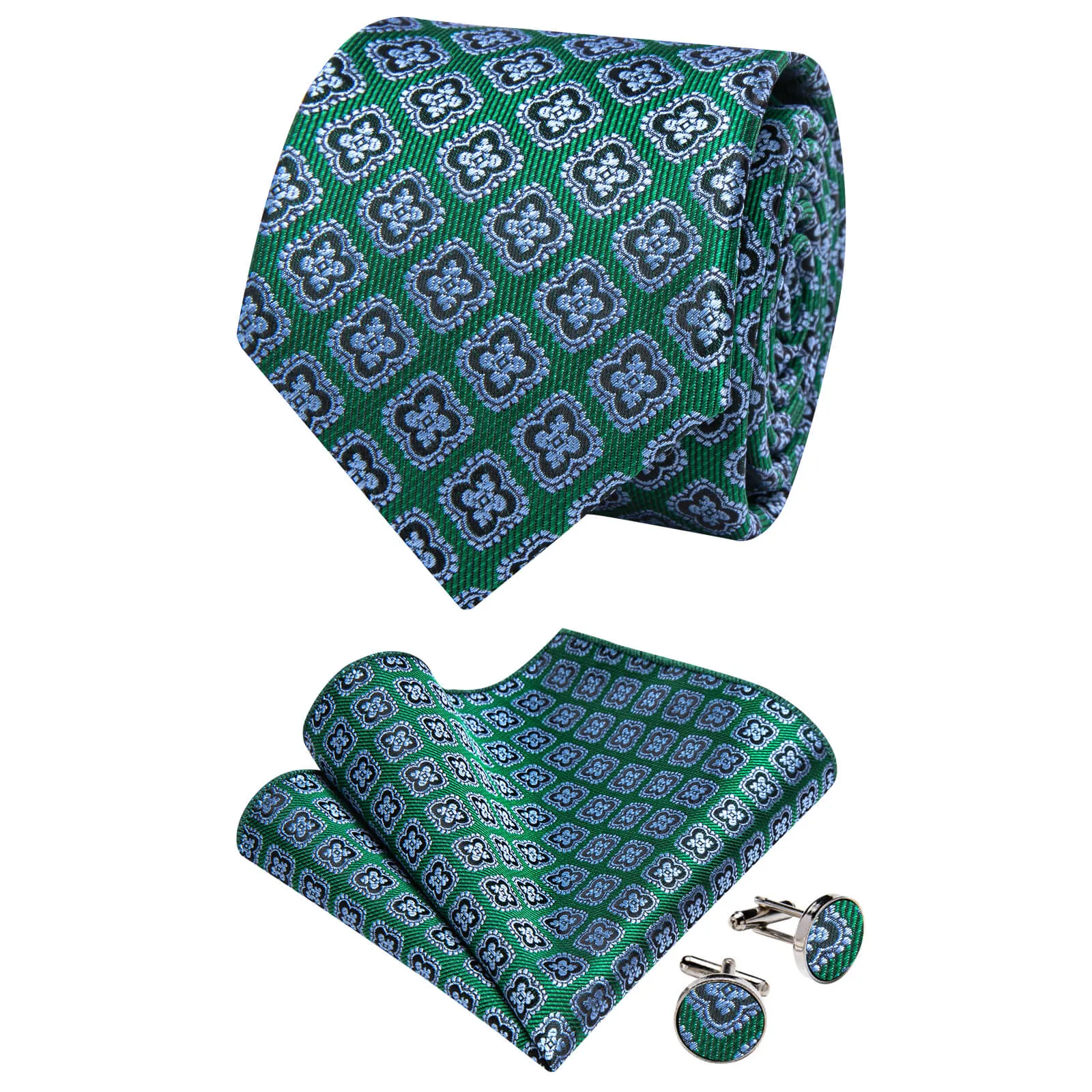 Ties2you Forest Green Tie Blue Floral Pattern Silk Mens Necktie Set sold by Ties2You
