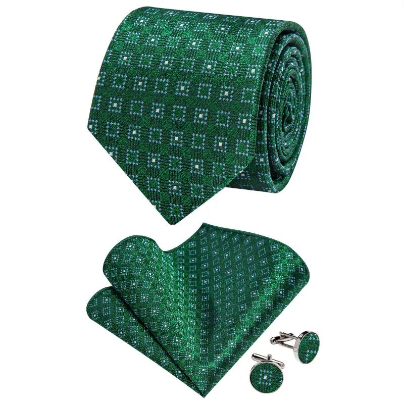 Ties2you Emerald Green Plaid Necktie Pocket Square Cufflinks Set sold by Ties2You