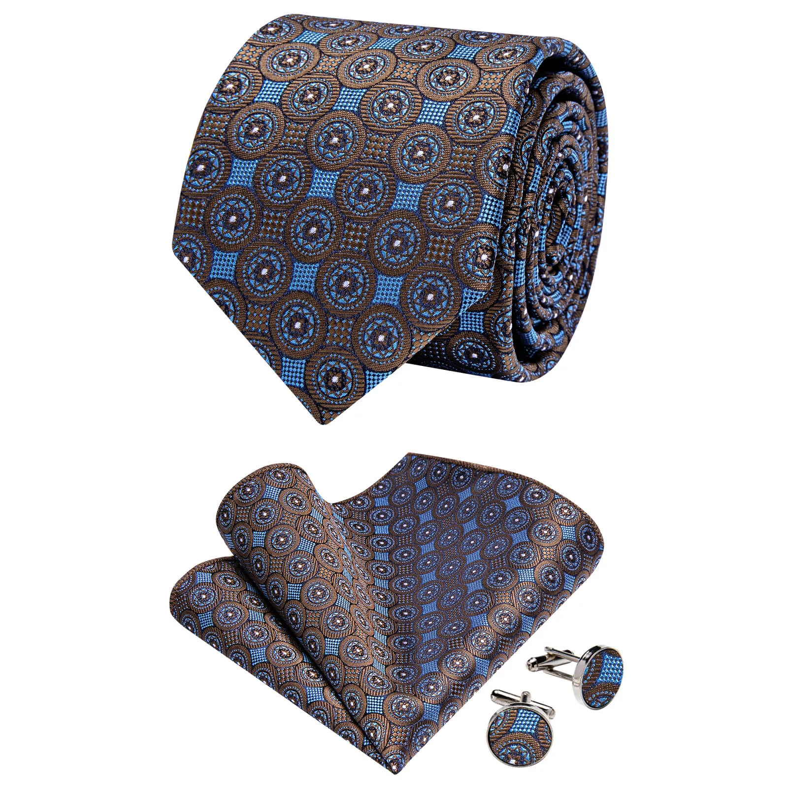 Ties2you Deep Brown Blue Geometric Necktie Pocket Square Cufflinks Set sold by Ties2You