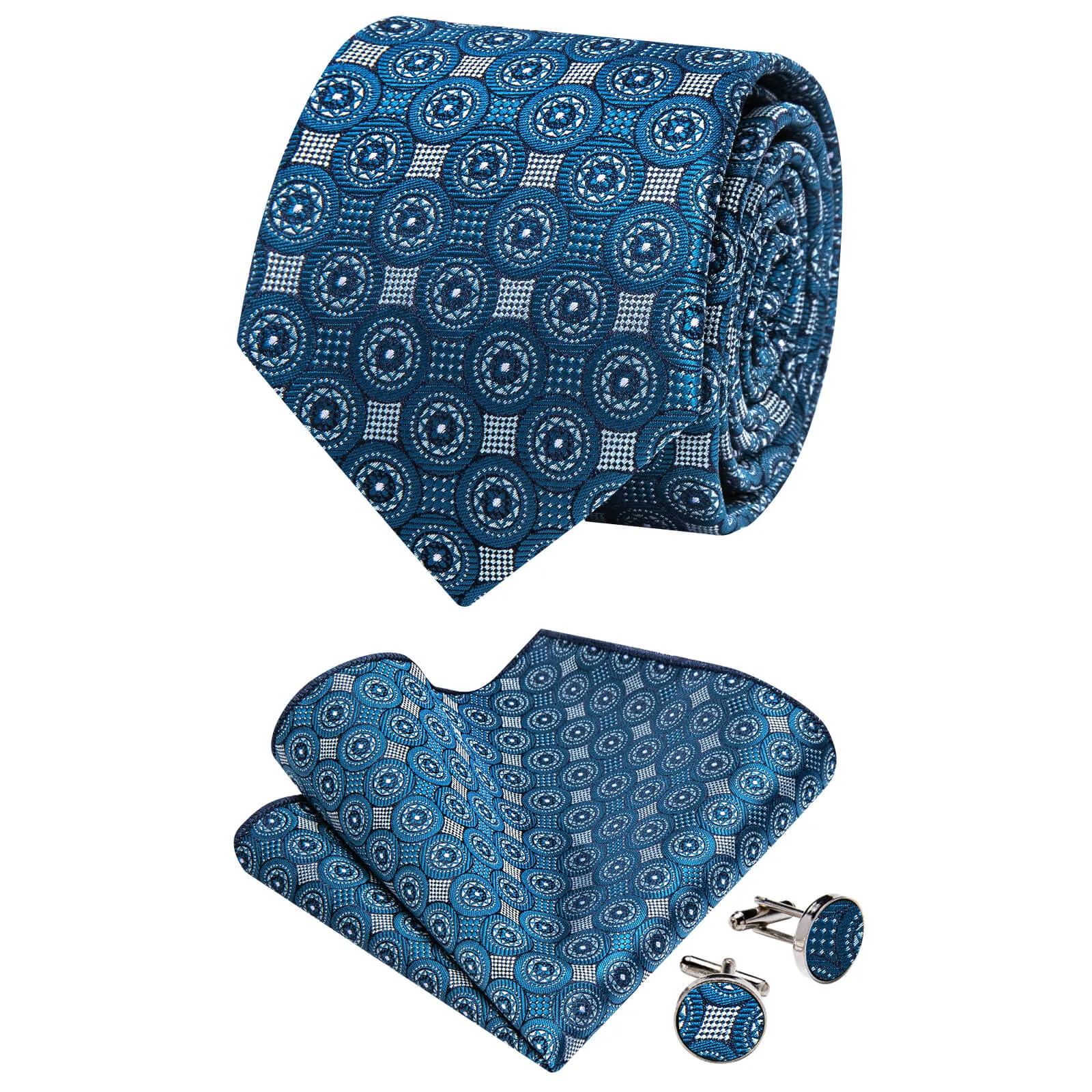 Ties2you Deep Cyan Tie Geometric Pattern Silk Mens Necktie Set Wedding sold by Ties2You