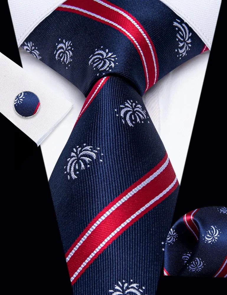 Ties2you Red Stripe Tie Silver Firework Necktie Hanky Cufflink Set sold by Ties2You product image thumbnail 2
