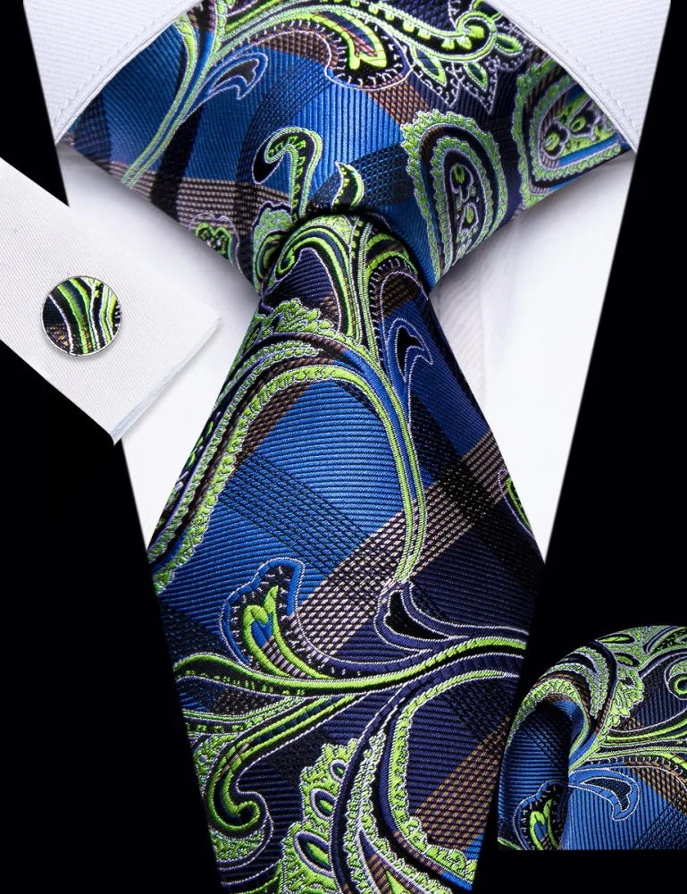 Ties2you Green Blue Plaid Floral Necktie Pocket Square Cufflinks Set for Men sold by Ties2You product image thumbnail 2