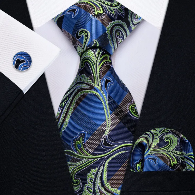Ties2you Green Blue Plaid Floral Necktie Pocket Square Cufflinks Set for Men sold by Ties2You