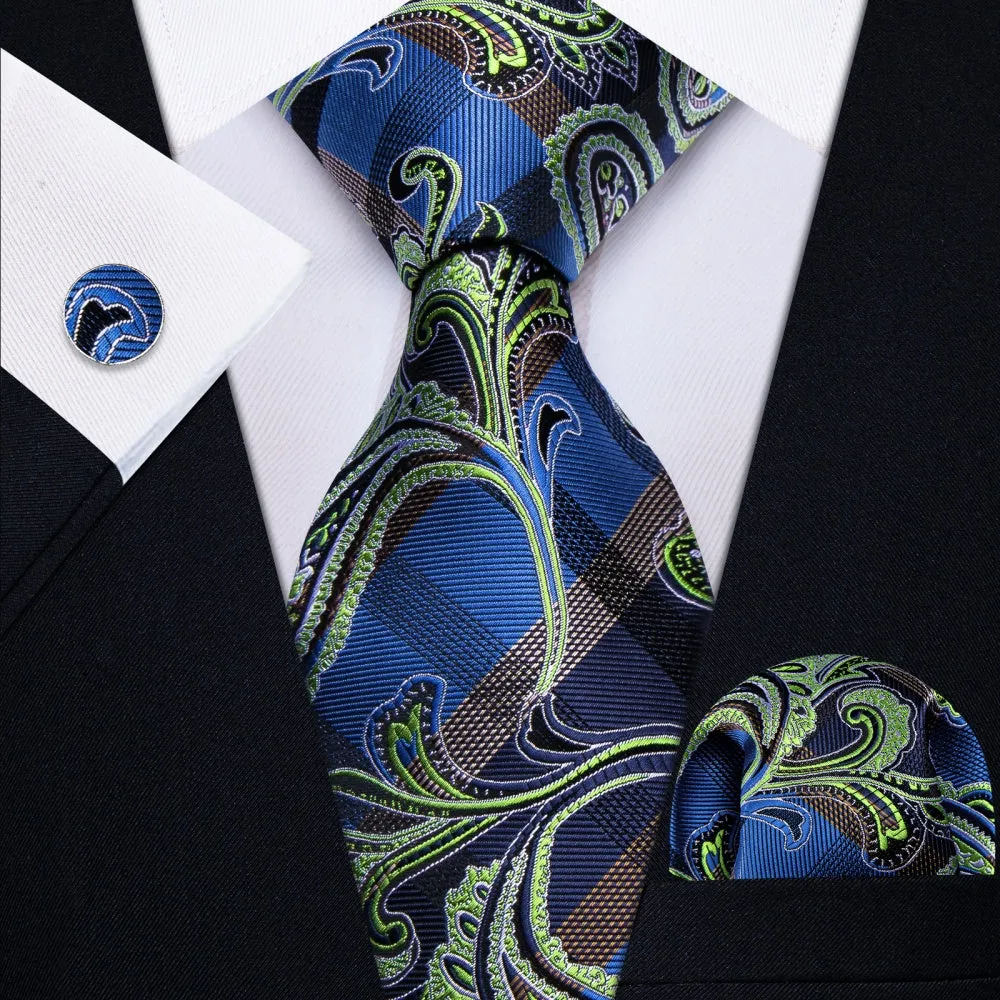 Ties2you Green Blue Plaid Floral Necktie Pocket Square Cufflinks Set for Men sold by Ties2You