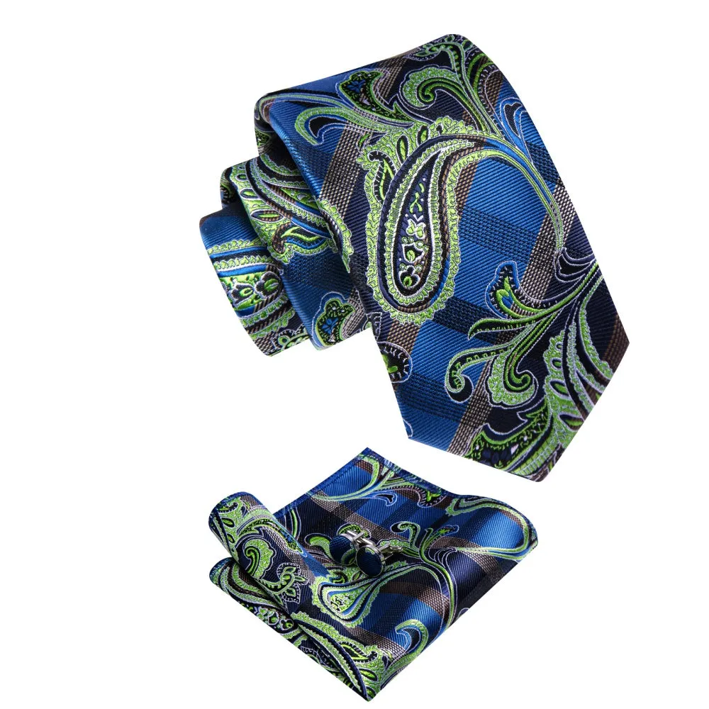Ties2you Green Blue Plaid Floral Necktie Pocket Square Cufflinks Set for Men sold by Ties2You product image thumbnail 3
