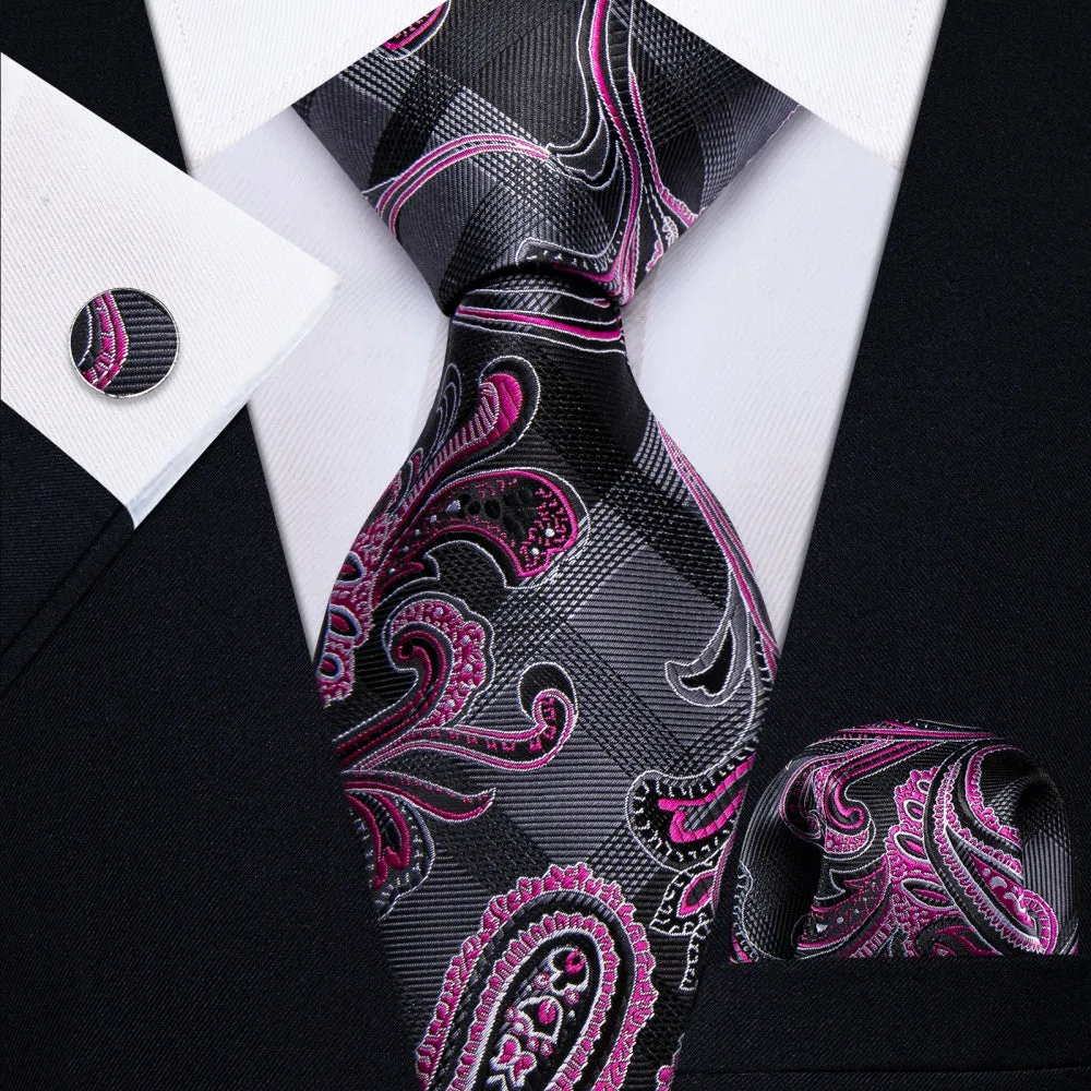 Ties2you Grey Plaid Pink Paisley Designer Silk Men's Necktie Set sold by Ties2You