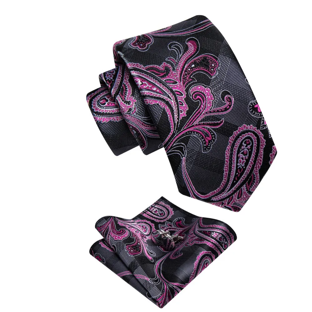 Ties2you Grey Plaid Pink Paisley Designer Silk Men's Necktie Set sold by Ties2You product image thumbnail 3