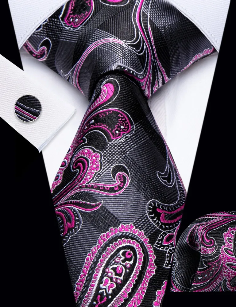 Ties2you Grey Plaid Pink Paisley Designer Silk Men's Necktie Set sold by Ties2You product image thumbnail 2