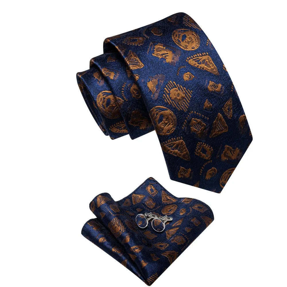 Ties2you Navy Blue Necktie Brown Jacquard Men Tie Hanky Cufflinks Set sold by Ties2You product image thumbnail 4