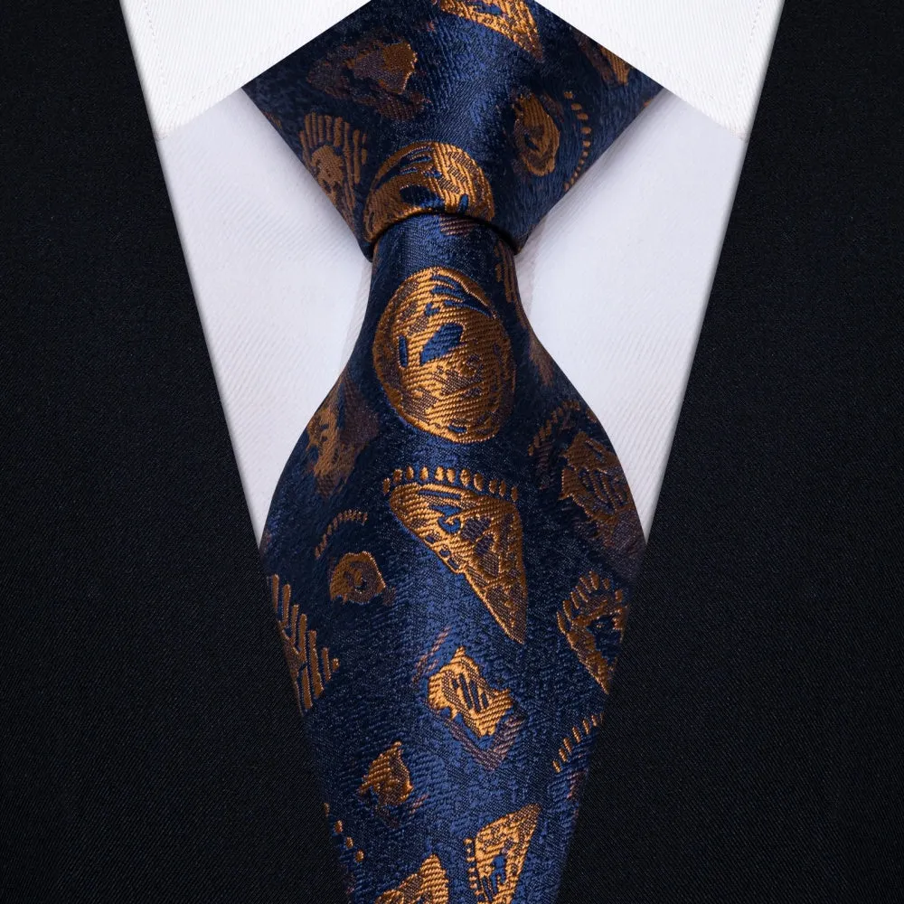 Ties2you Navy Blue Necktie Brown Jacquard Men Tie Hanky Cufflinks Set sold by Ties2You