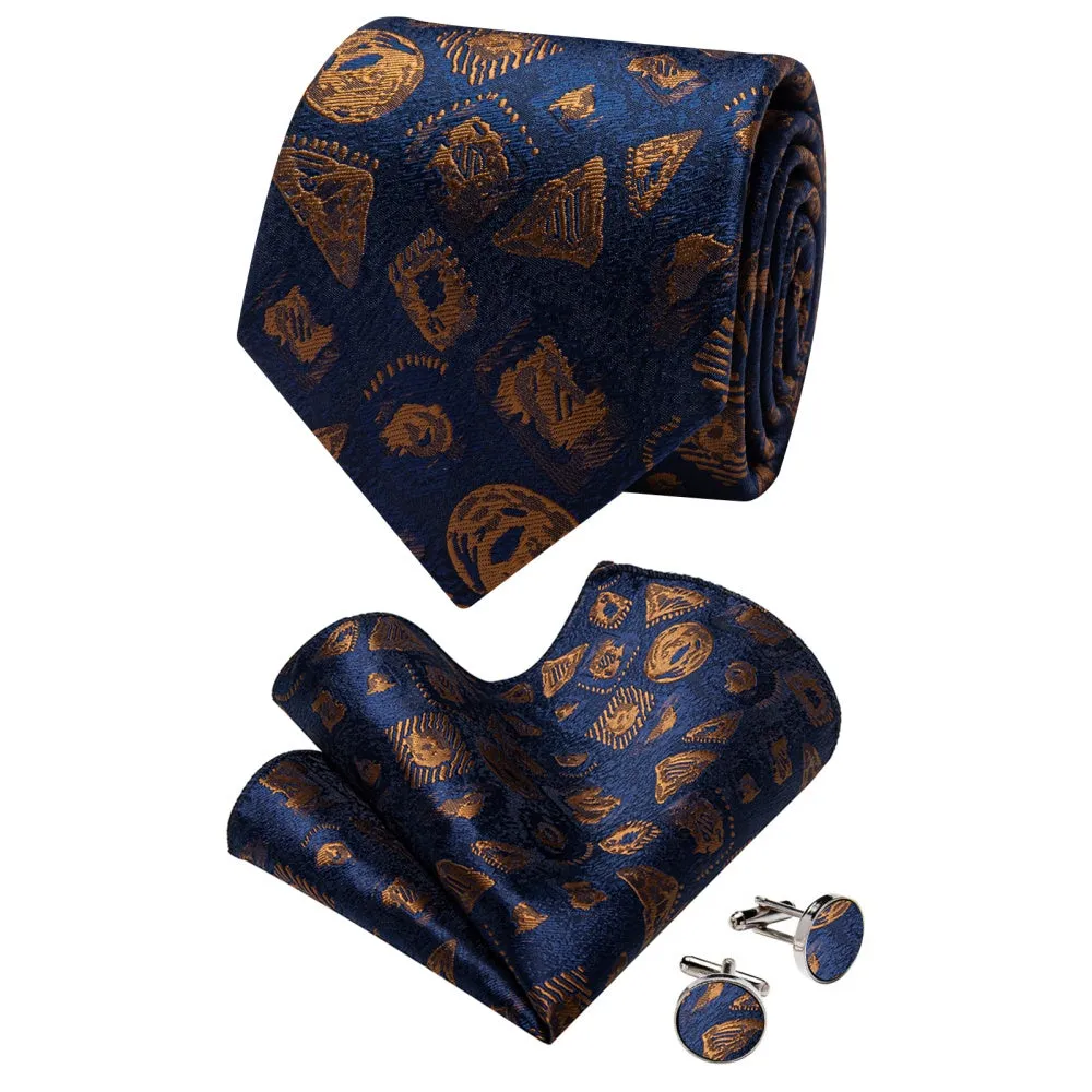 Ties2you Navy Blue Necktie Brown Jacquard Men Tie Hanky Cufflinks Set sold by Ties2You product image thumbnail 3