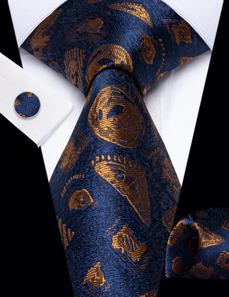 Ties2you Navy Blue Necktie Brown Jacquard Men Tie Hanky Cufflinks Set sold by Ties2You product image thumbnail 2