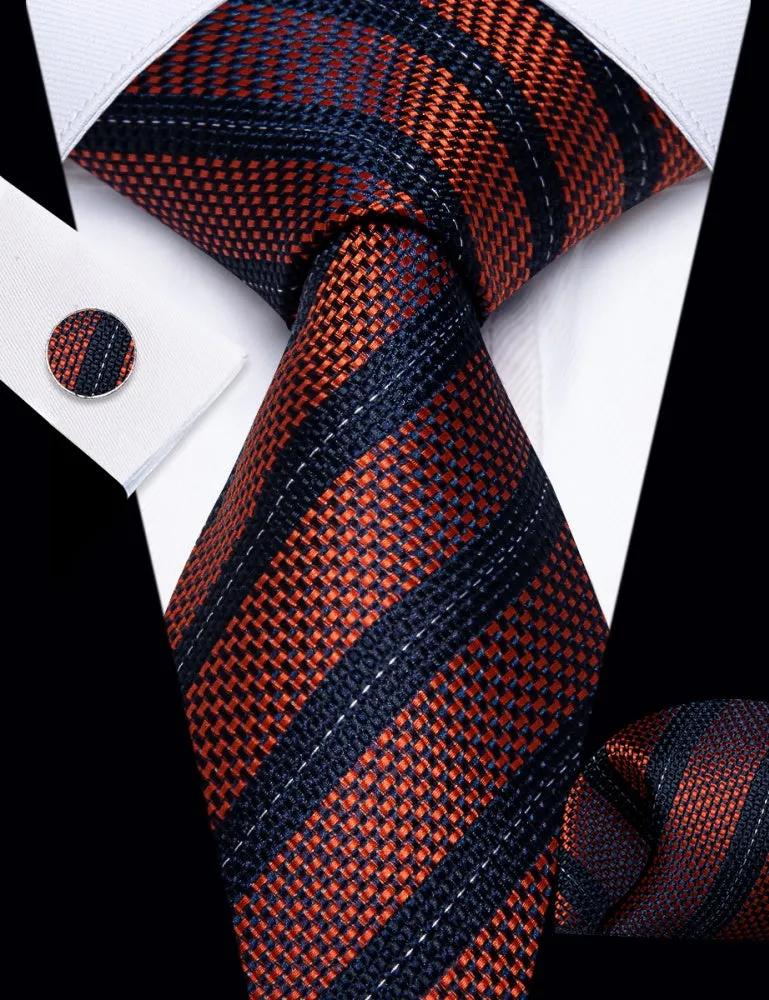 Ties2you Burnt Orange Neckties Blue Stripes Tie Hanky Cufflinks Set sold by Ties2You product image thumbnail 2