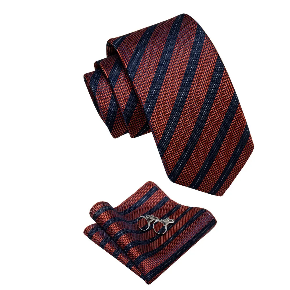 Ties2you Burnt Orange Neckties Blue Stripes Tie Hanky Cufflinks Set sold by Ties2You product image thumbnail 3