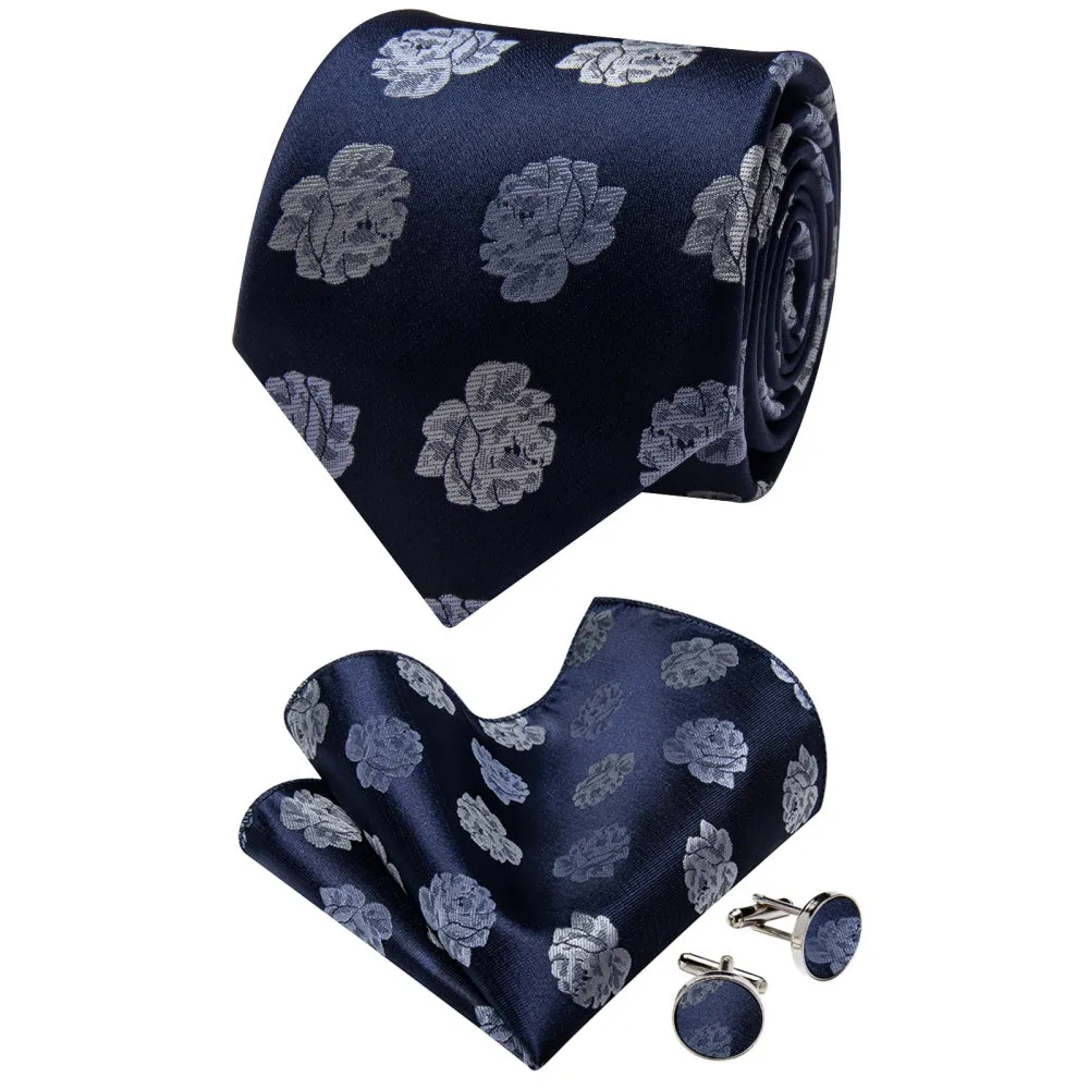 Ties2you Deep Blue Neckties Grey Roses Floral Tie Hanky Cufflinks Set sold by Ties2You product image thumbnail 3