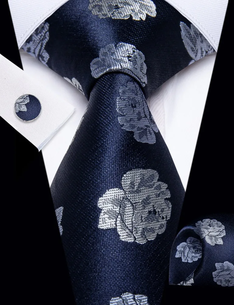 Ties2you Deep Blue Neckties Grey Roses Floral Tie Hanky Cufflinks Set sold by Ties2You product image thumbnail 2