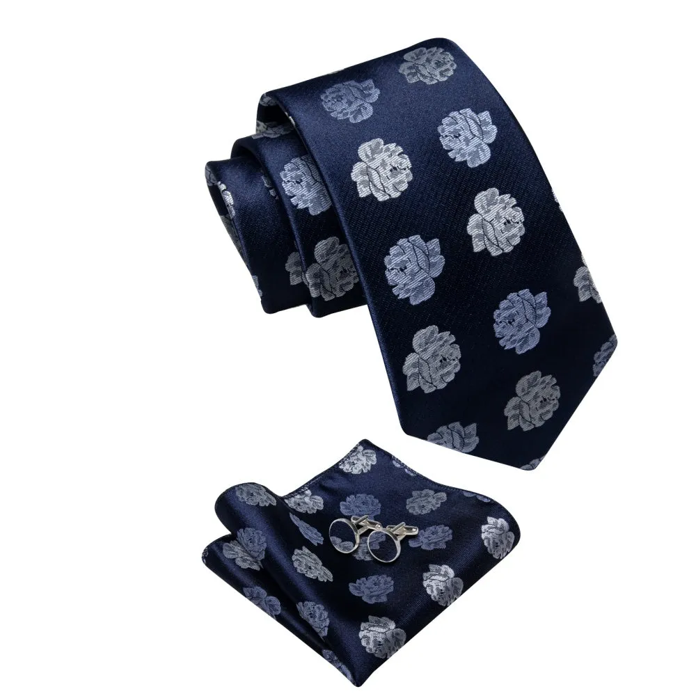 Ties2you Deep Blue Neckties Grey Roses Floral Tie Hanky Cufflinks Set sold by Ties2You product image thumbnail 4