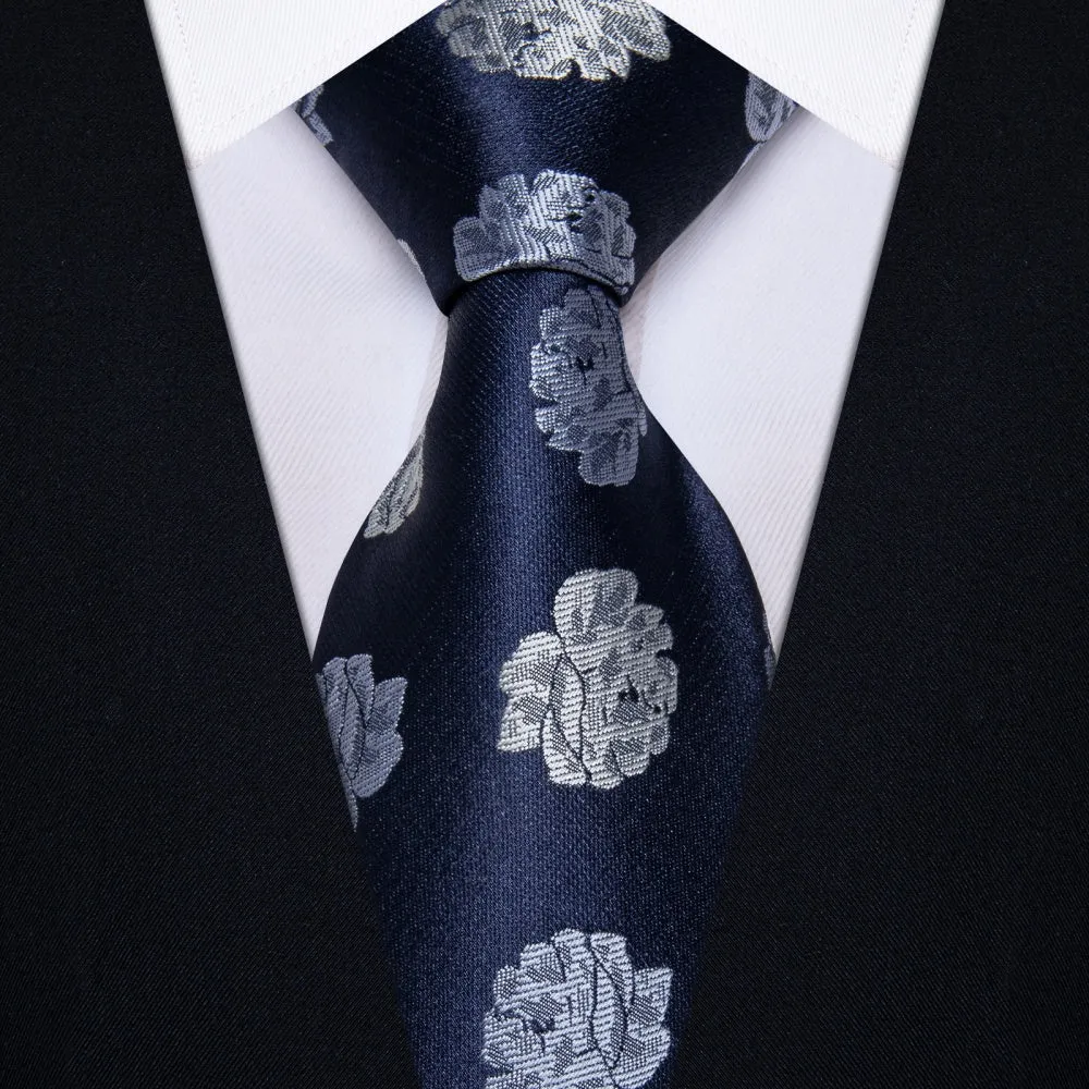 Ties2you Deep Blue Neckties Grey Roses Floral Tie Hanky Cufflinks Set sold by Ties2You