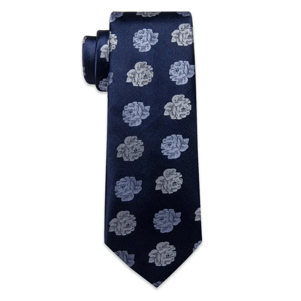 Ties2you Deep Blue Neckties Grey Roses Floral Tie Hanky Cufflinks Set sold by Ties2You product image thumbnail 5