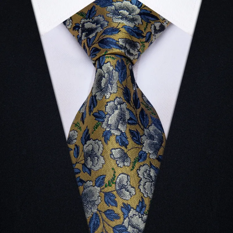 Ties2you Shadow Brown Necktie Blue Floral Mens Tie Hanky Cufflinks Set sold by Ties2You