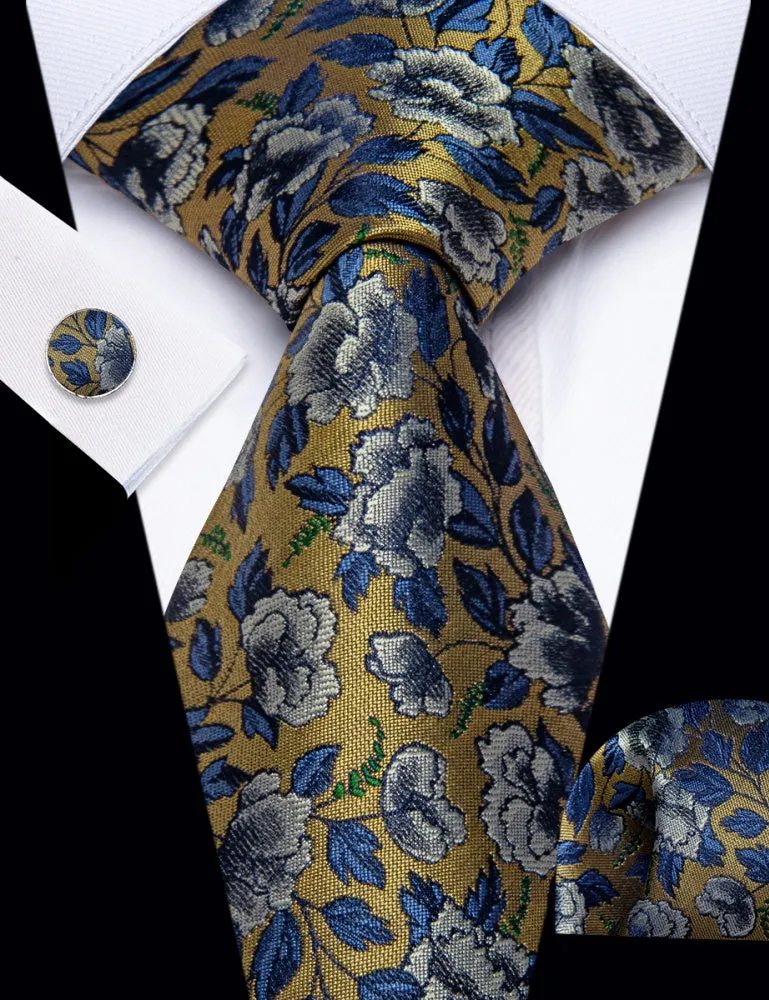 Ties2you Shadow Brown Necktie Blue Floral Mens Tie Hanky Cufflinks Set sold by Ties2You product image thumbnail 2