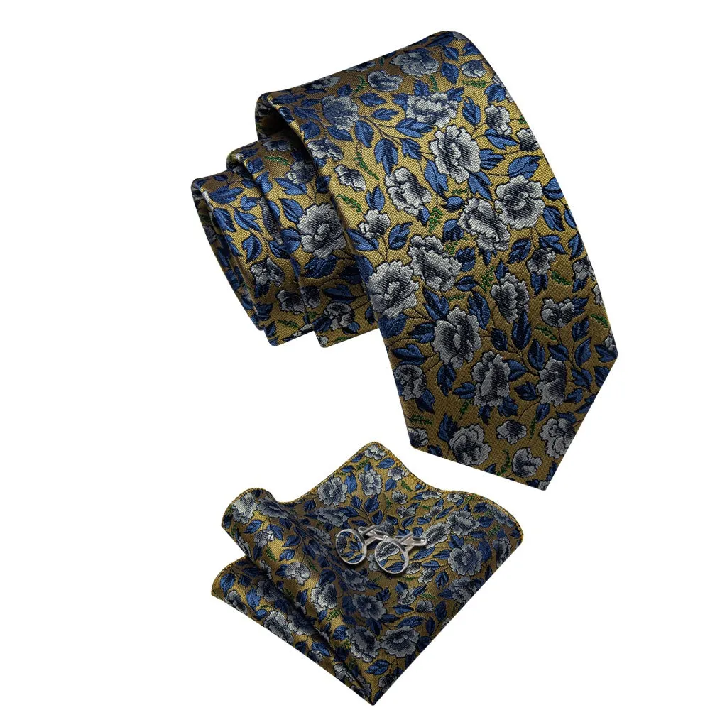 Ties2you Shadow Brown Necktie Blue Floral Mens Tie Hanky Cufflinks Set sold by Ties2You product image thumbnail 3