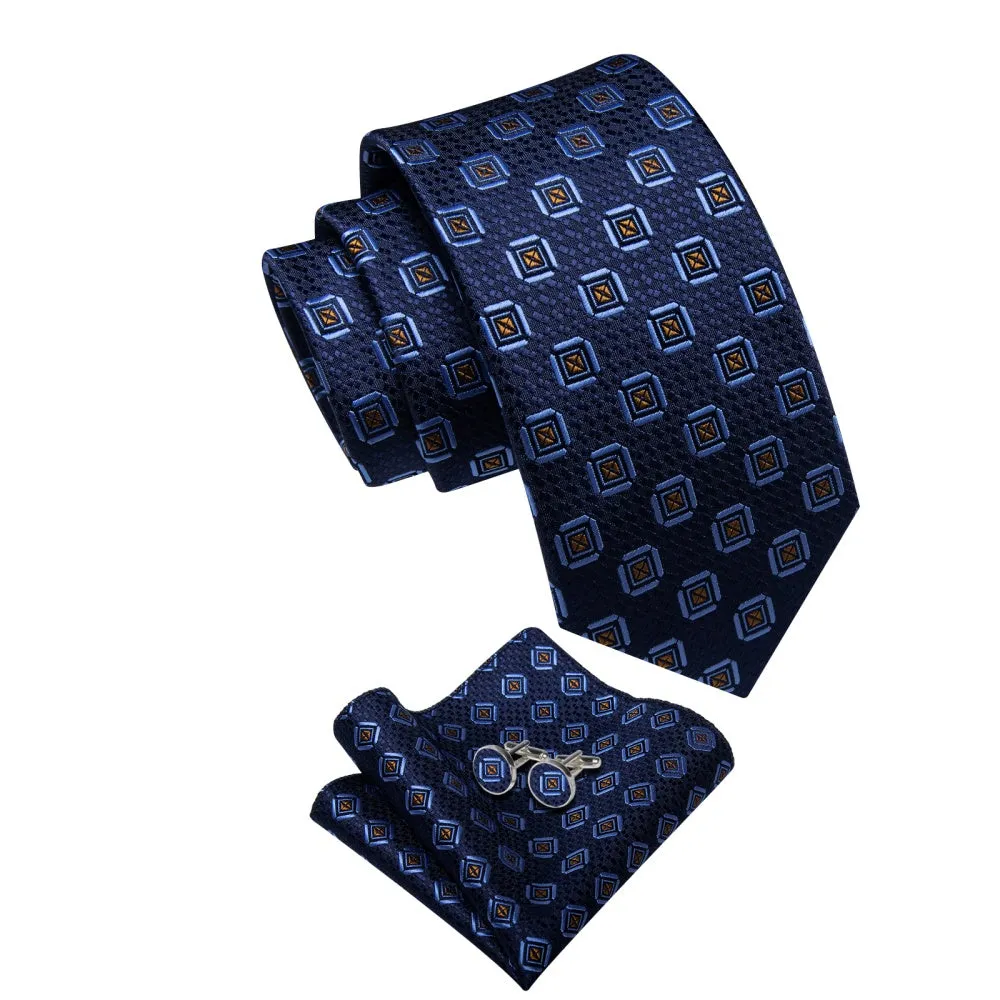 Ties2you Dark Blue Necktie Gold Geometric Mens Tie Hanky Cufflinks Set sold by Ties2You product image thumbnail 3