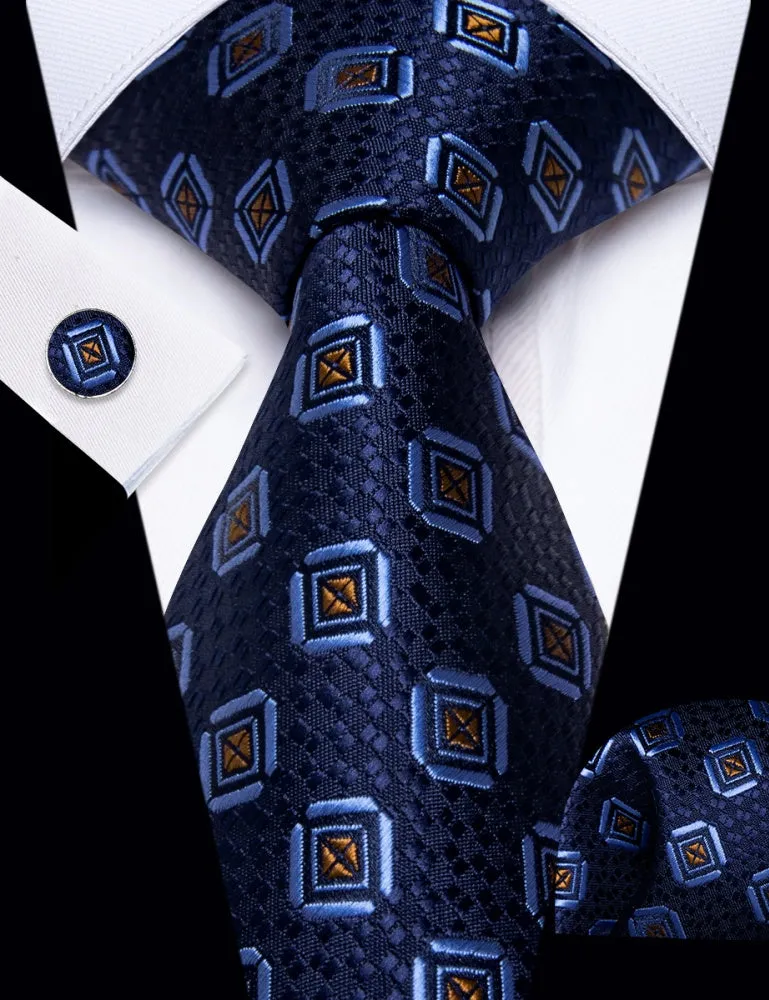 Ties2you Dark Blue Necktie Gold Geometric Mens Tie Hanky Cufflinks Set sold by Ties2You product image thumbnail 2