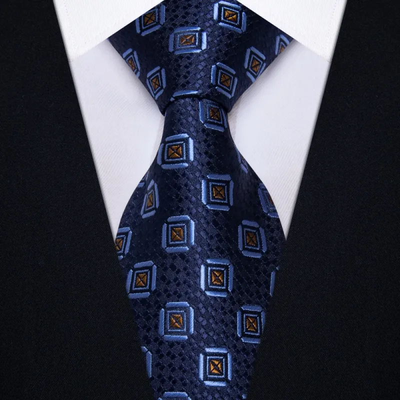 Ties2you Dark Blue Necktie Gold Geometric Mens Tie Hanky Cufflinks Set sold by Ties2You