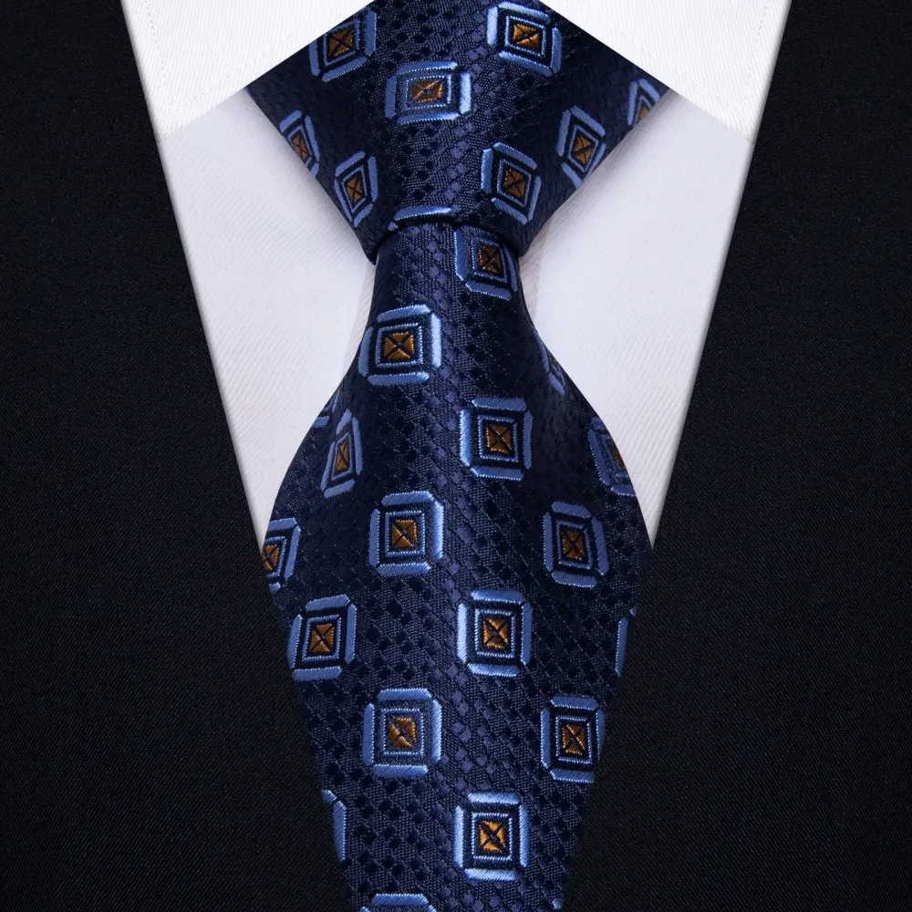 Ties2you Dark Blue Necktie Gold Geometric Mens Tie Hanky Cufflinks Set sold by Ties2You