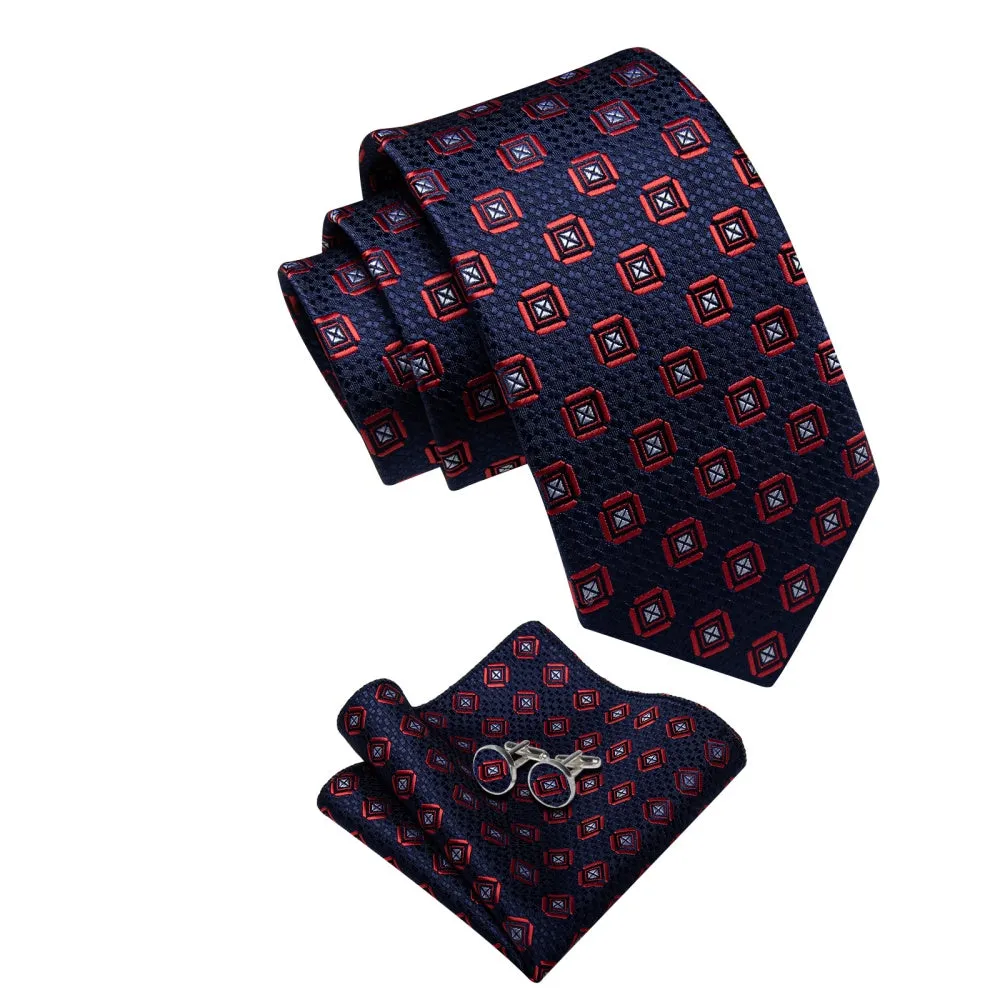 Ties2you Dark Blue Necktie Red Geometric Mens Tie Hanky Cufflinks Set sold by Ties2You product image thumbnail 4