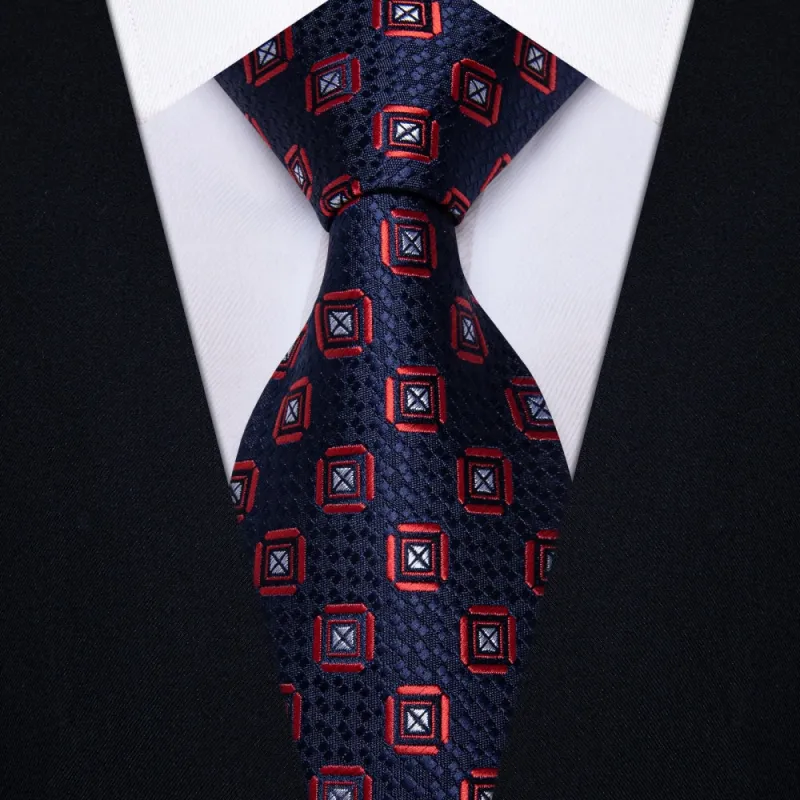 Ties2you Dark Blue Necktie Red Geometric Mens Tie Hanky Cufflinks Set sold by Ties2You