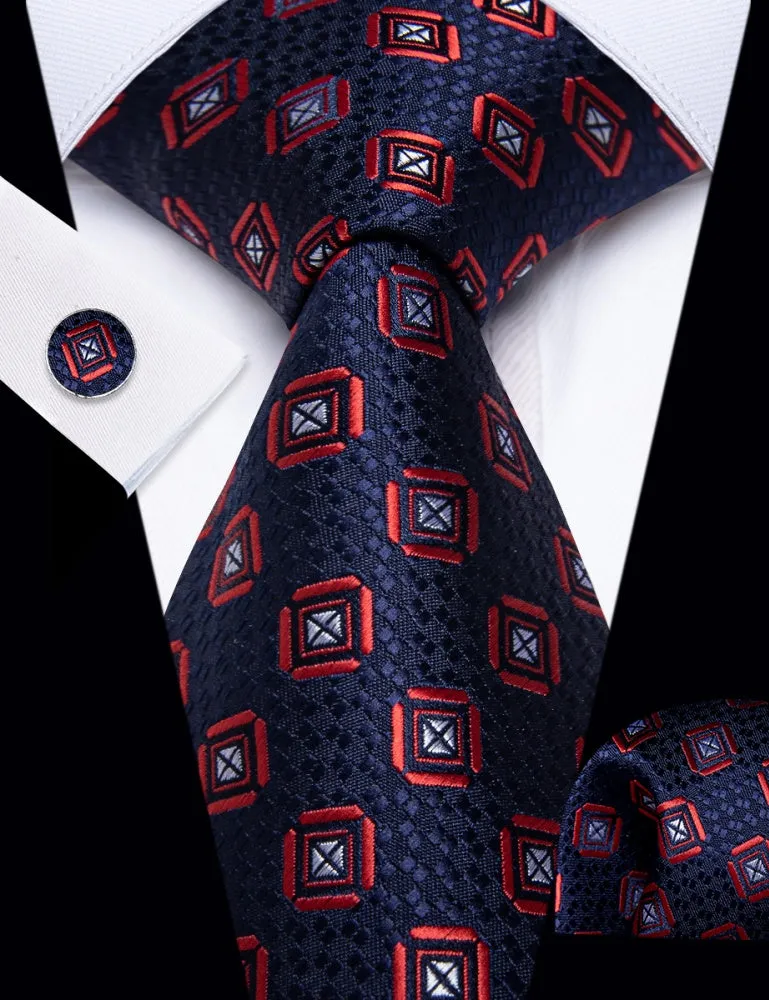 Ties2you Dark Blue Necktie Red Geometric Mens Tie Hanky Cufflinks Set sold by Ties2You product image thumbnail 2