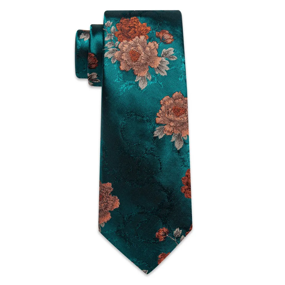 Ties2you Teal Blue Necktie Mens Floral Silk Tie Pocket Square Cufflinks Set sold by Ties2You product image thumbnail 5