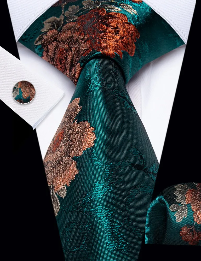 Ties2you Teal Blue Necktie Mens Floral Silk Tie Pocket Square Cufflinks Set sold by Ties2You product image thumbnail 2