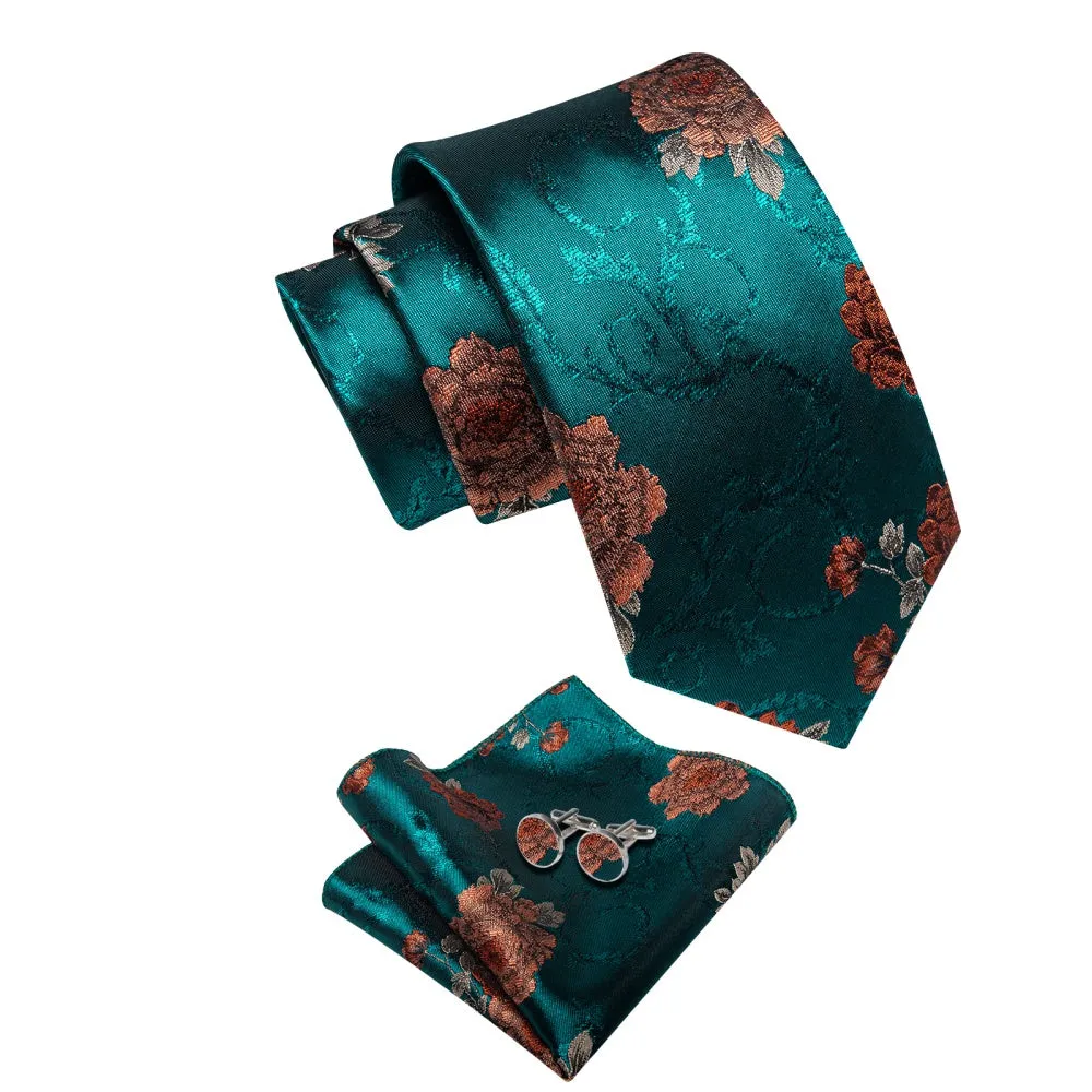 Ties2you Teal Blue Necktie Mens Floral Silk Tie Pocket Square Cufflinks Set sold by Ties2You product image thumbnail 4