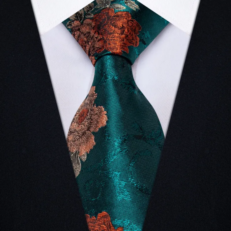 Ties2you Teal Blue Necktie Mens Floral Silk Tie Pocket Square Cufflinks Set sold by Ties2You