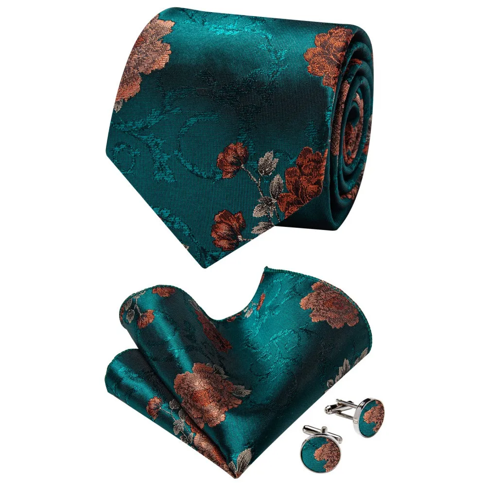 Ties2you Teal Blue Necktie Mens Floral Silk Tie Pocket Square Cufflinks Set sold by Ties2You product image thumbnail 3