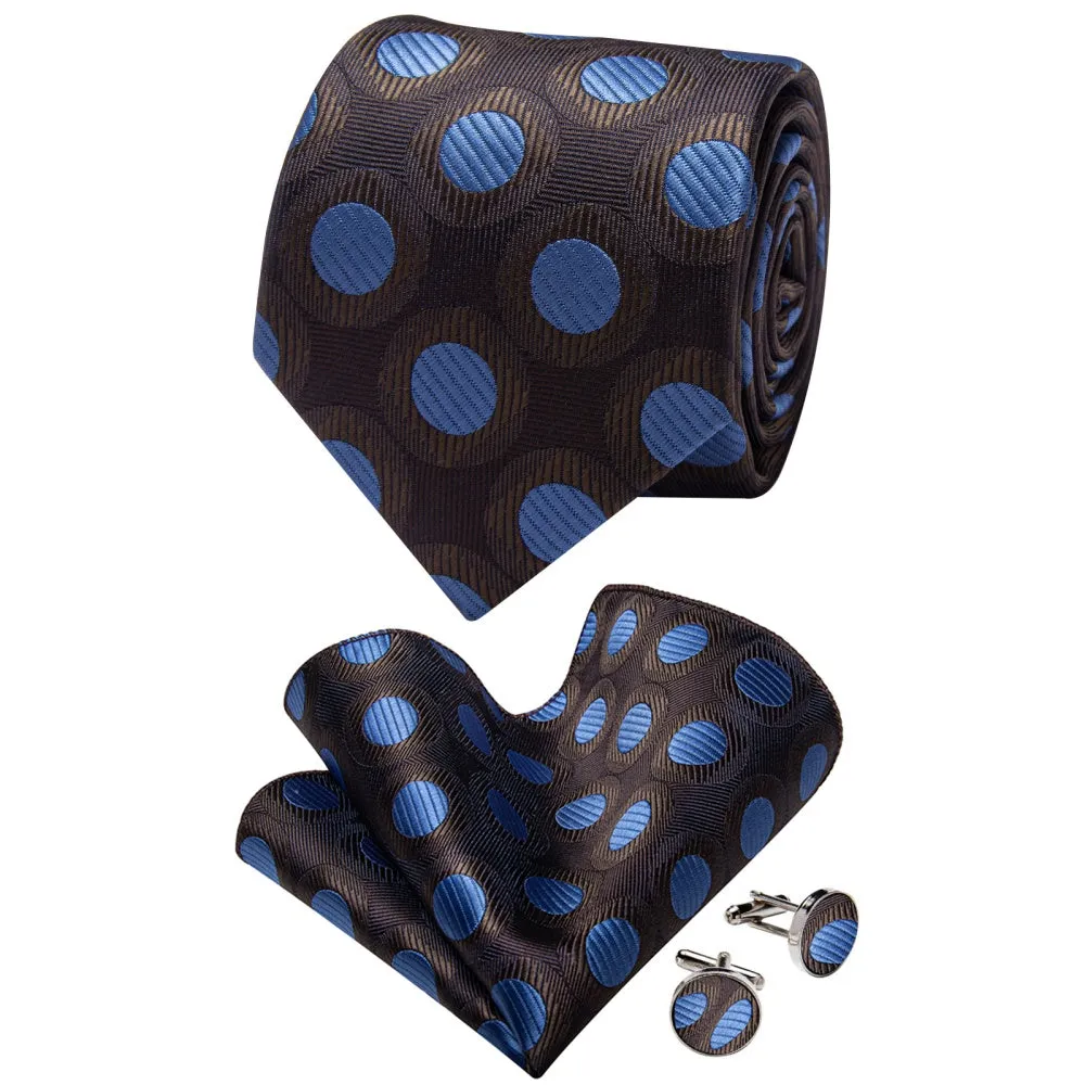 Ties2you Mens Brown Necktie Blue Polka Dots Tie Hanky Cufflinks Set sold by Ties2You product image thumbnail 3