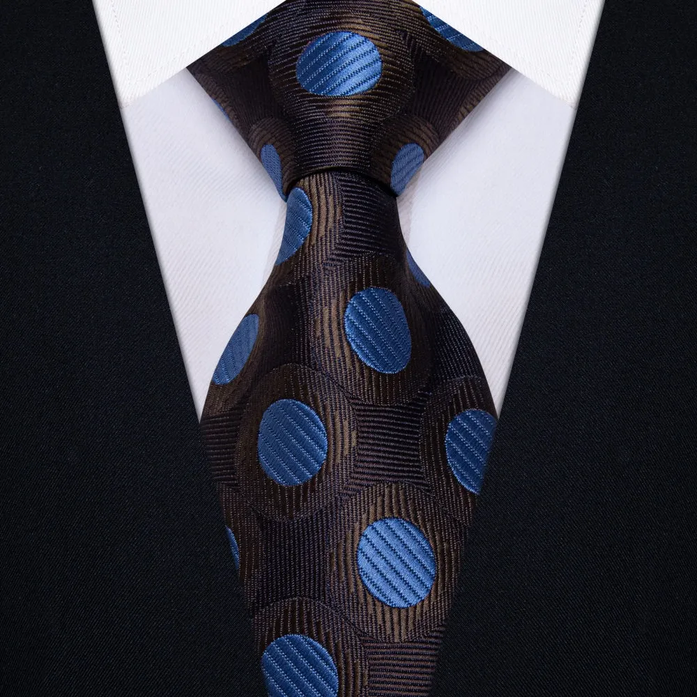 Ties2you Mens Brown Necktie Blue Polka Dots Tie Hanky Cufflinks Set sold by Ties2You
