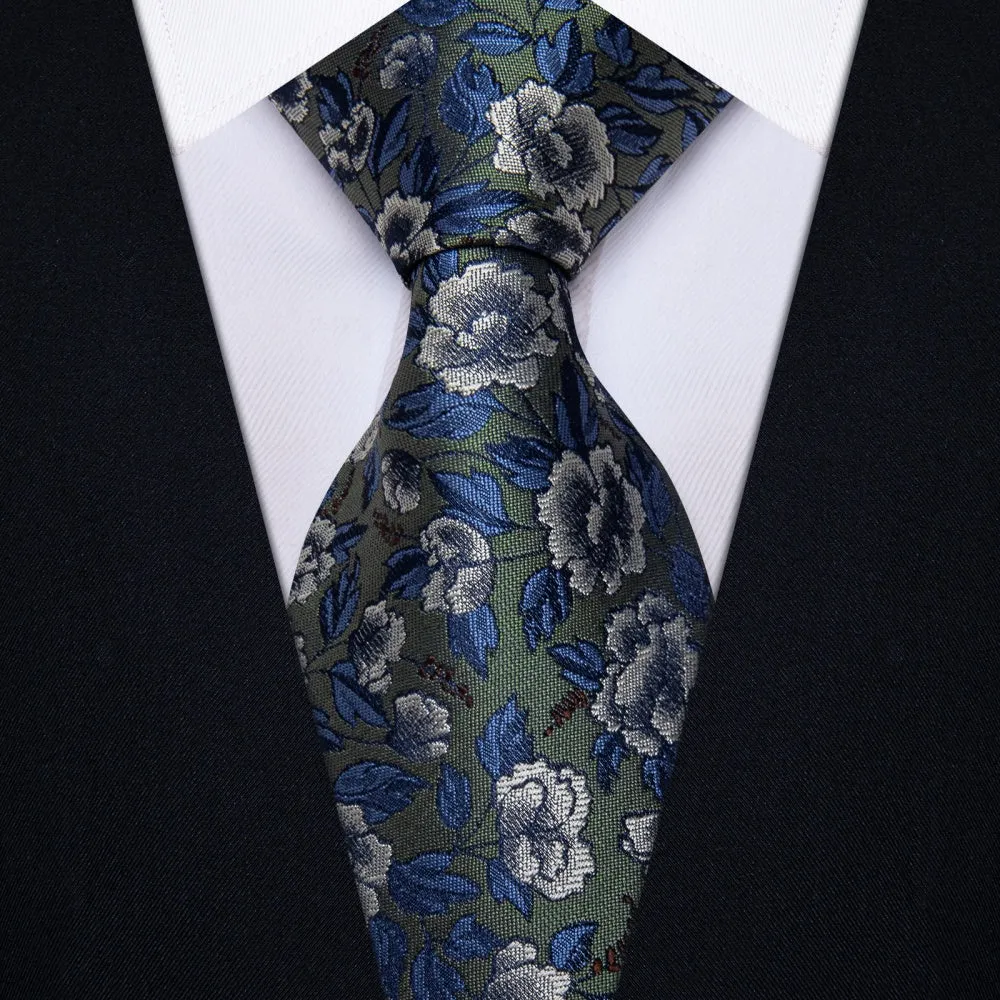 Ties2you Green Necktie Blue Jacquard Floral Tie Hanky Cufflinks Set sold by Ties2You product image thumbnail 3